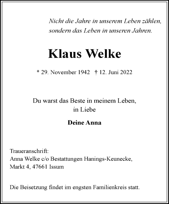 Traueranzeige von Klaus Welke 