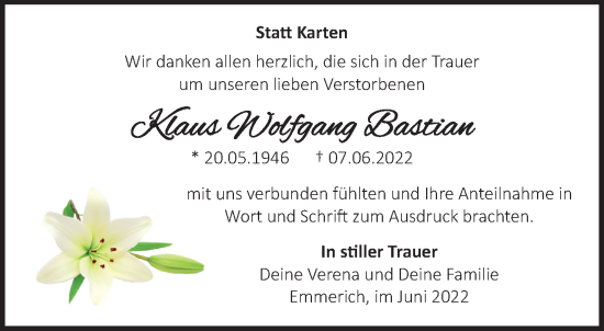 Traueranzeige von Klaus Wolfgang Bastian 