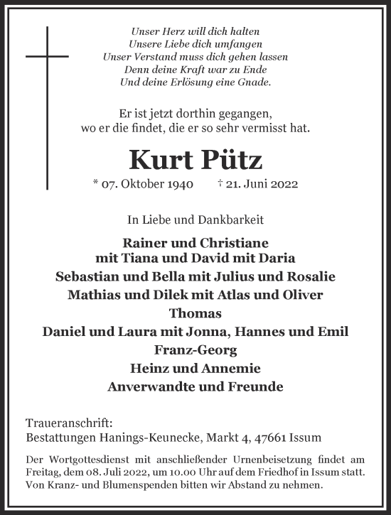 Traueranzeige von Kurt Pütz 