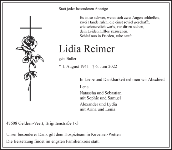 Traueranzeige von Lidia Reimer 