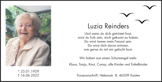 Traueranzeige von Luzia Reinders 