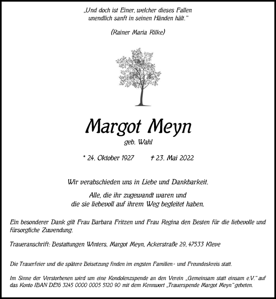 Traueranzeige von Margot Meyn 