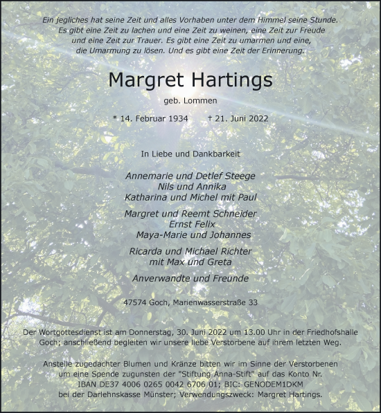Traueranzeige von Margret Hartings 