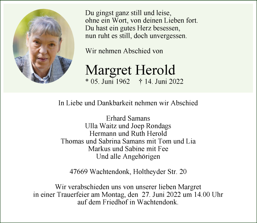  Traueranzeige für Margret Herold vom 22.06.2022 aus 