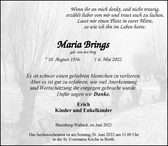 Traueranzeige von Maria Brings 