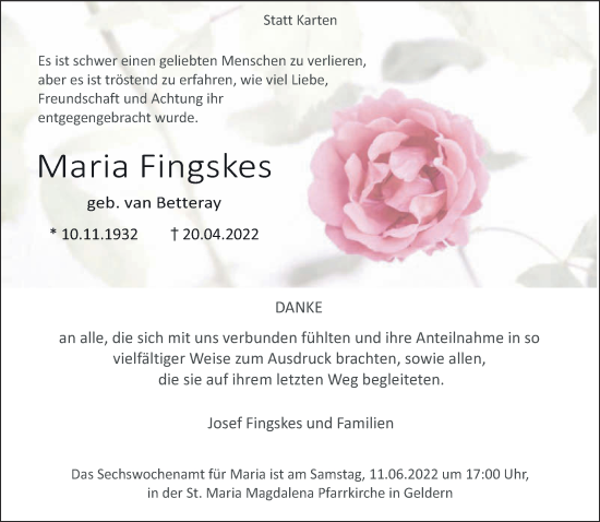 Traueranzeige von Maria Fingskes 