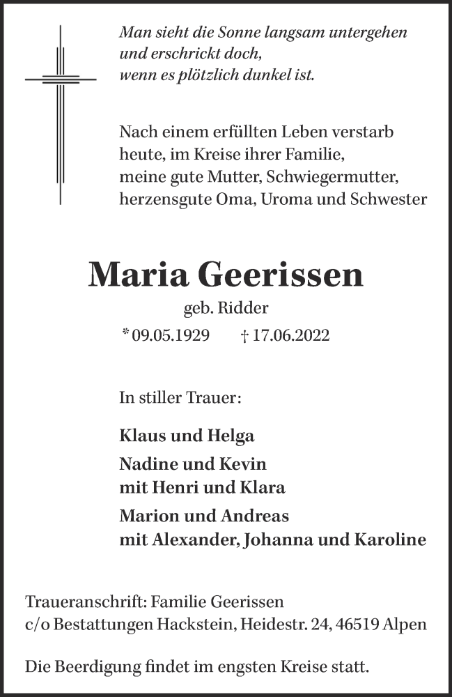  Traueranzeige für Maria Geerissen vom 22.06.2022 aus 