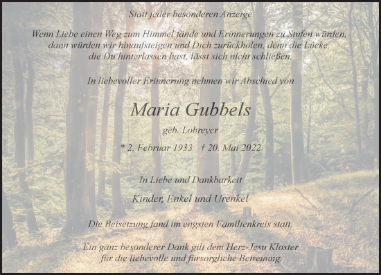 Traueranzeige von Maria Gubbels 