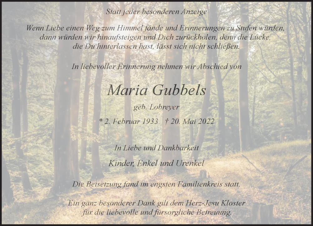  Traueranzeige für Maria Gubbels vom 04.06.2022 aus 
