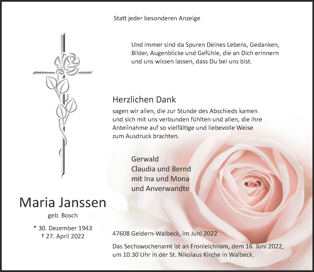  Traueranzeige für Maria Janssen vom 11.06.2022 aus 