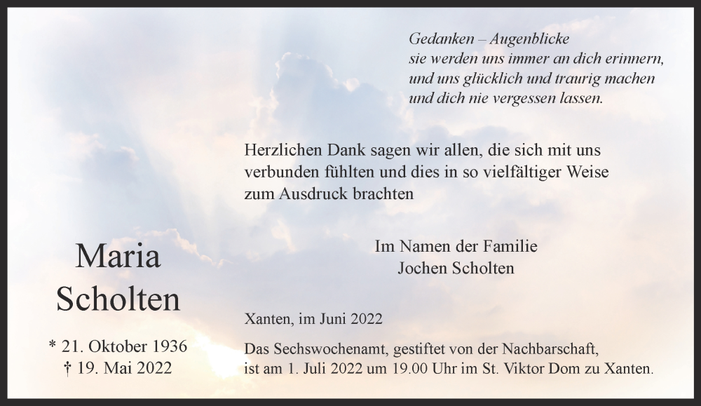  Traueranzeige für Maria Scholten vom 29.06.2022 aus 