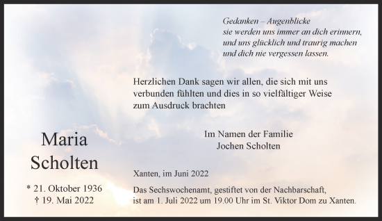 Traueranzeige von Maria Scholten 