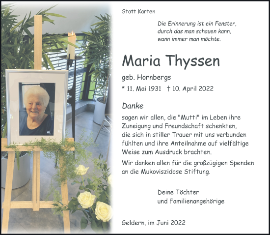Traueranzeige von Maria Thyssen 