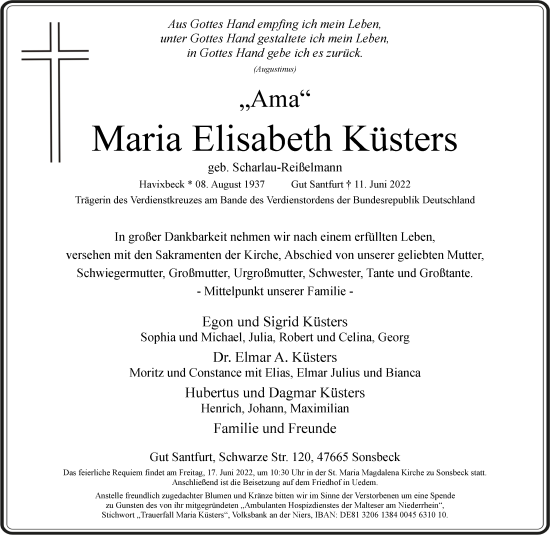 Traueranzeige von Maria Elisabeth Küsters 