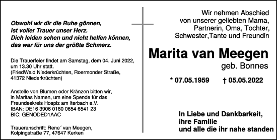 Traueranzeige von Marita van Meegen 