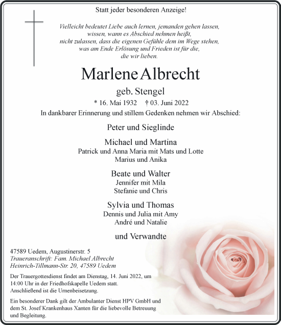 Traueranzeige von Marlene Albrecht 