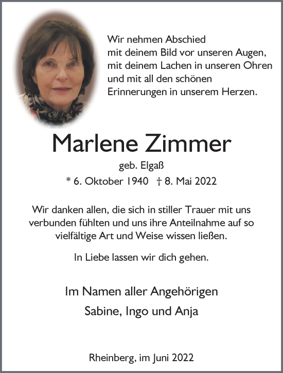 Traueranzeige von Marlene Zimmer 