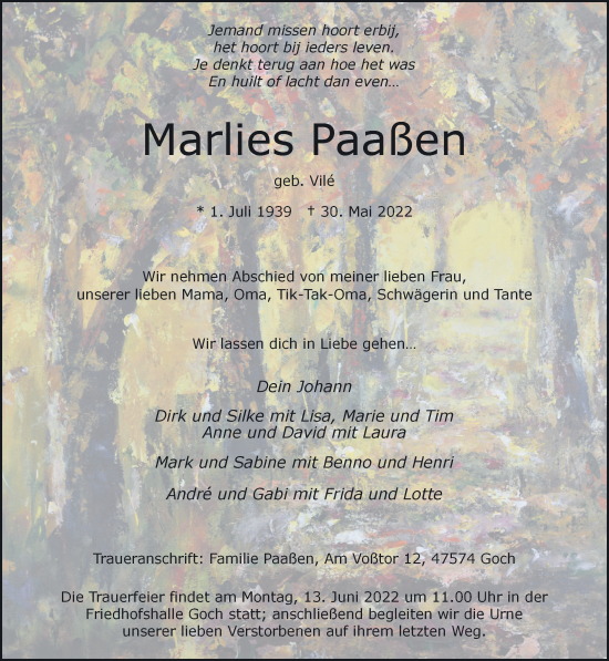 Traueranzeige von Marlies Paaßen 
