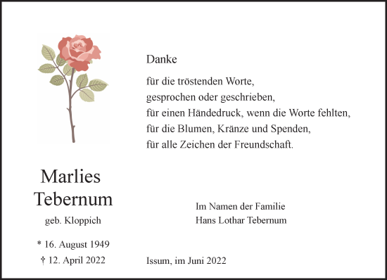 Traueranzeige von Marlies Tebernum 