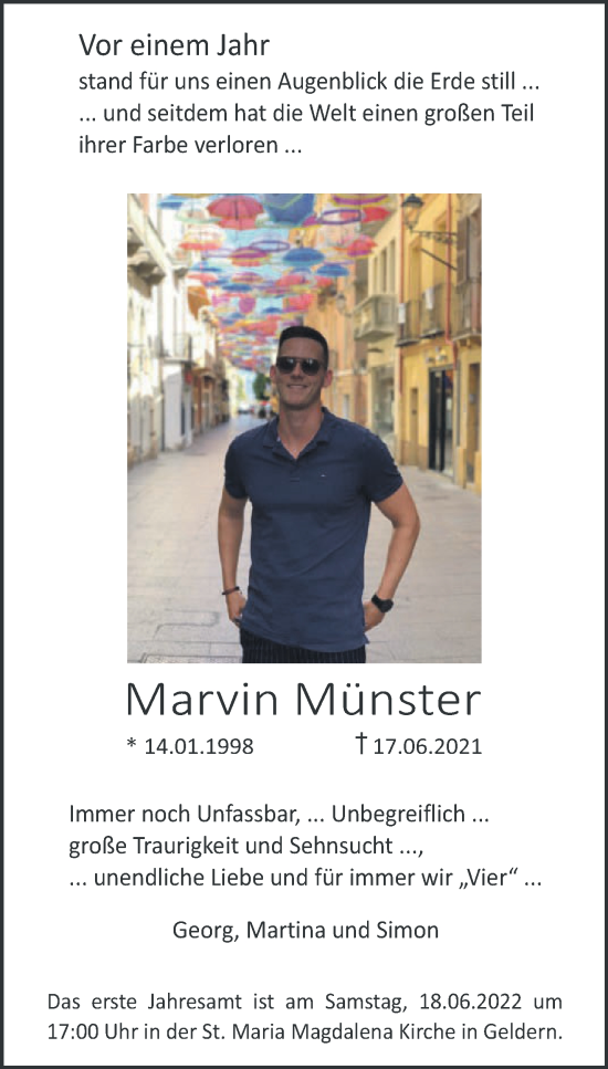 Traueranzeige von Marvin Münster 