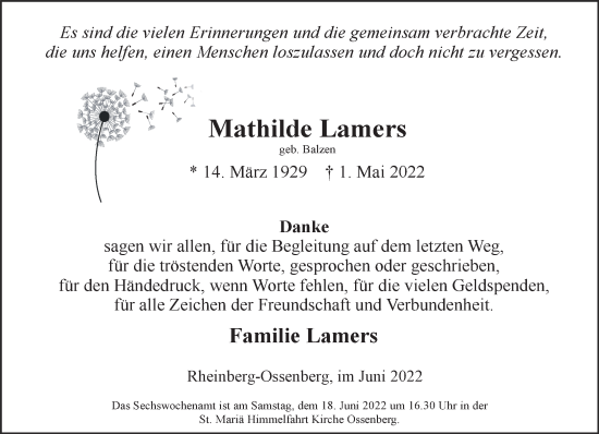 Traueranzeige von Mathilde Lamers 