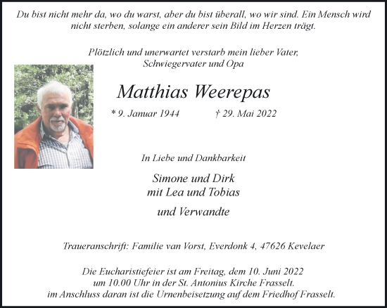 Traueranzeige von Matthias Weerepas 