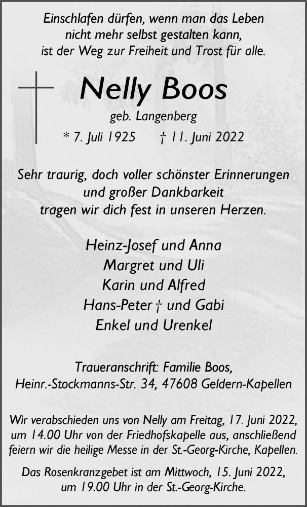  Traueranzeige für Nelly Boos vom 15.06.2022 aus 