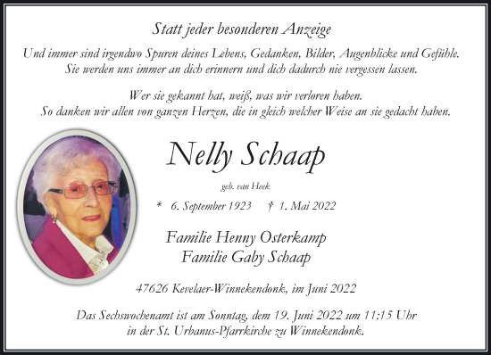 Traueranzeige von Nelly Schaap 