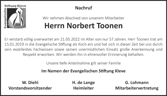 Traueranzeige von Norbert Toonen 