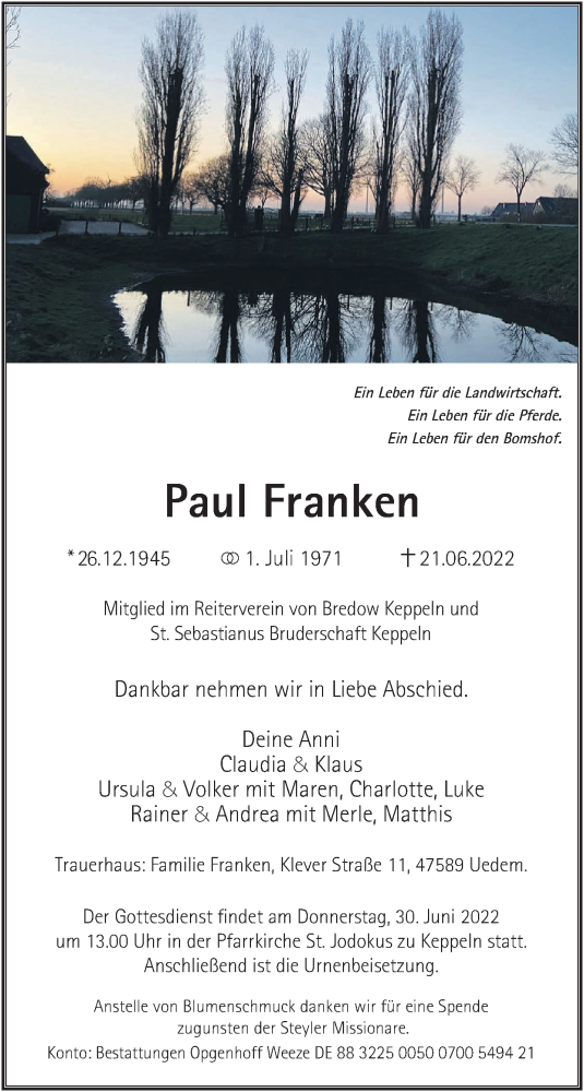 Traueranzeige von Paul Franken 