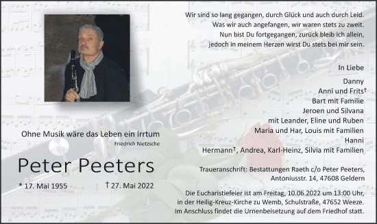 Traueranzeige von Peter Peeters 