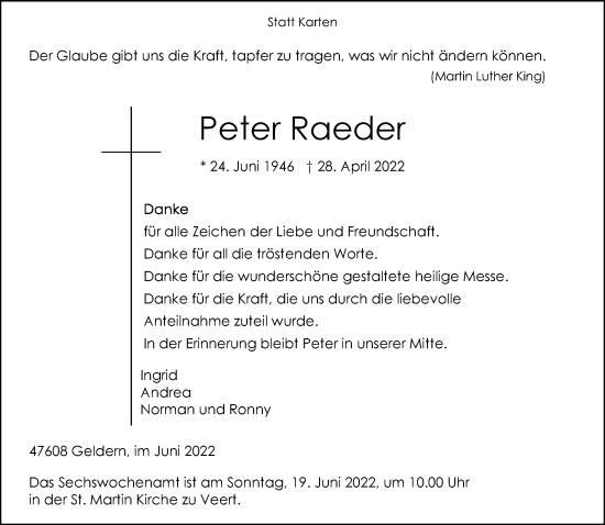Traueranzeige von Peter Raeder 