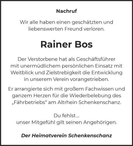 Traueranzeige von Rainer Bos 