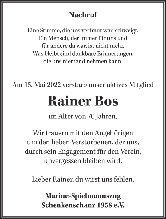 Traueranzeige von Rainer Bos 