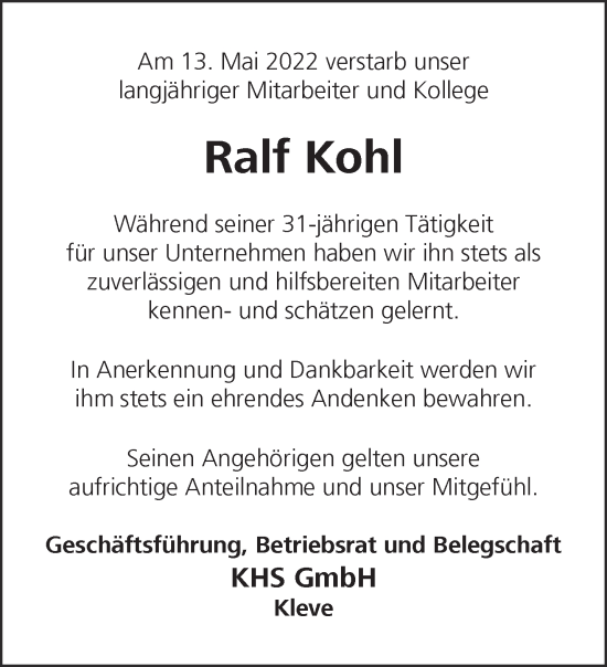 Traueranzeige von Ralf Kohl 