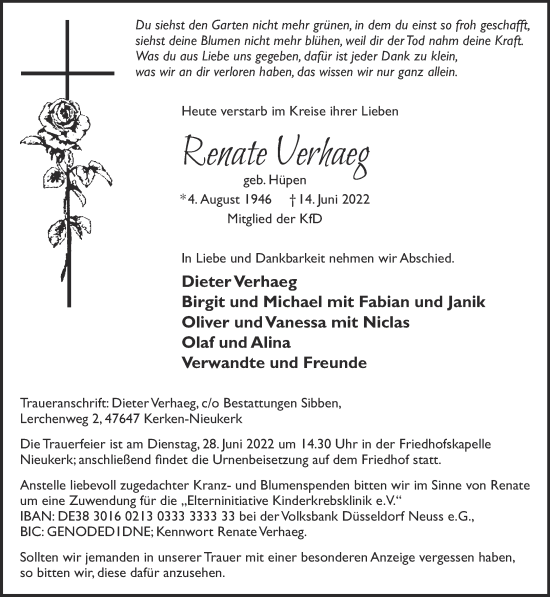 Traueranzeige von Renate Verhaeg 