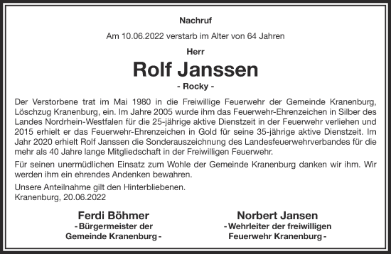 Traueranzeige von Rolf Janssen 