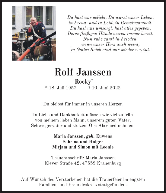 Traueranzeige von Rolf Janssen 