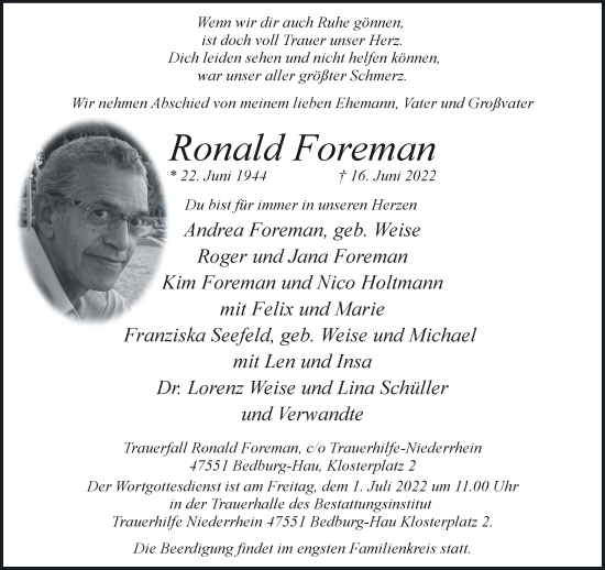 Traueranzeige von Ronald Foreman 