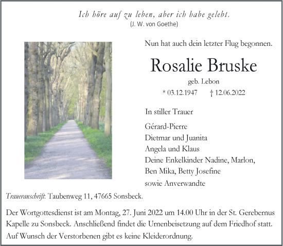 Traueranzeige von Rosalie Bruske 