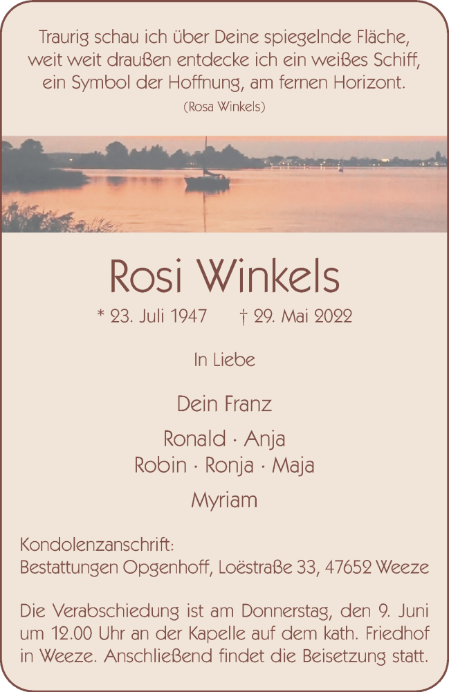  Traueranzeige für Rosi Winkels vom 04.06.2022 aus 