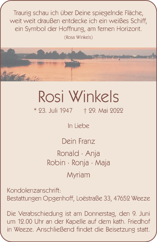 Traueranzeige von Rosi Winkels 