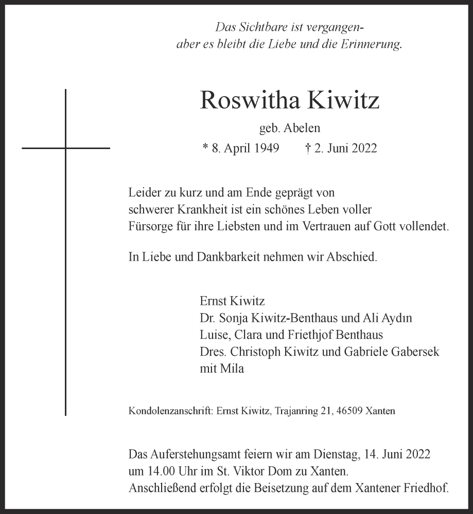  Traueranzeige für Roswitha Kiwitz vom 11.06.2022 aus 