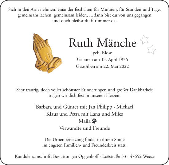Traueranzeige von Ruth Mänche 