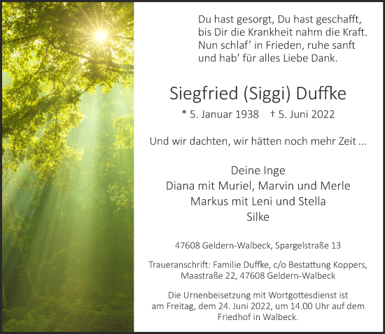 Traueranzeige von Siegfried Duffke 