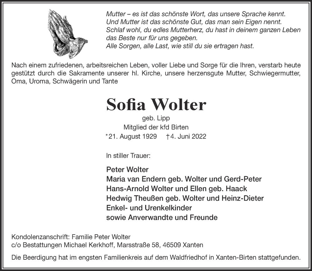  Traueranzeige für Sofia Wolter vom 18.06.2022 aus 