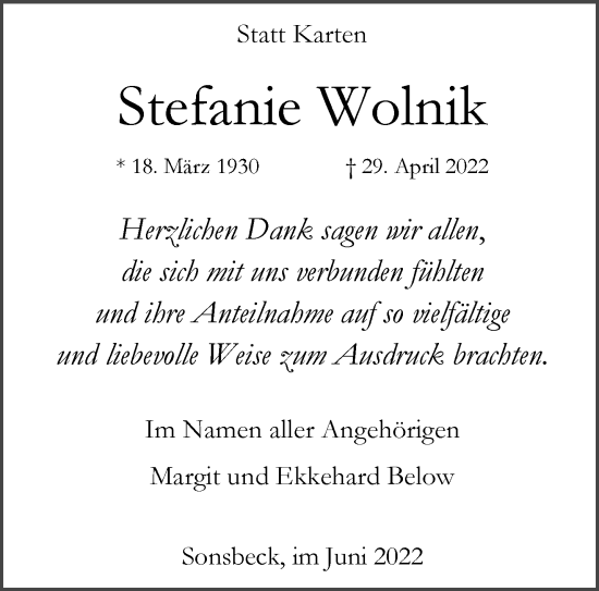 Traueranzeige von Stefanie Wolnik 