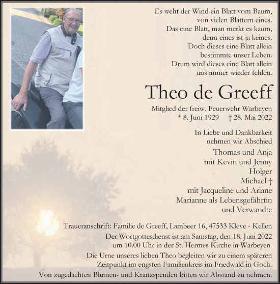 Traueranzeige von Theo de Greeff 