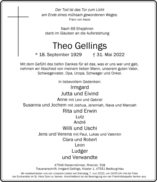 Traueranzeige von Theo Gellings 