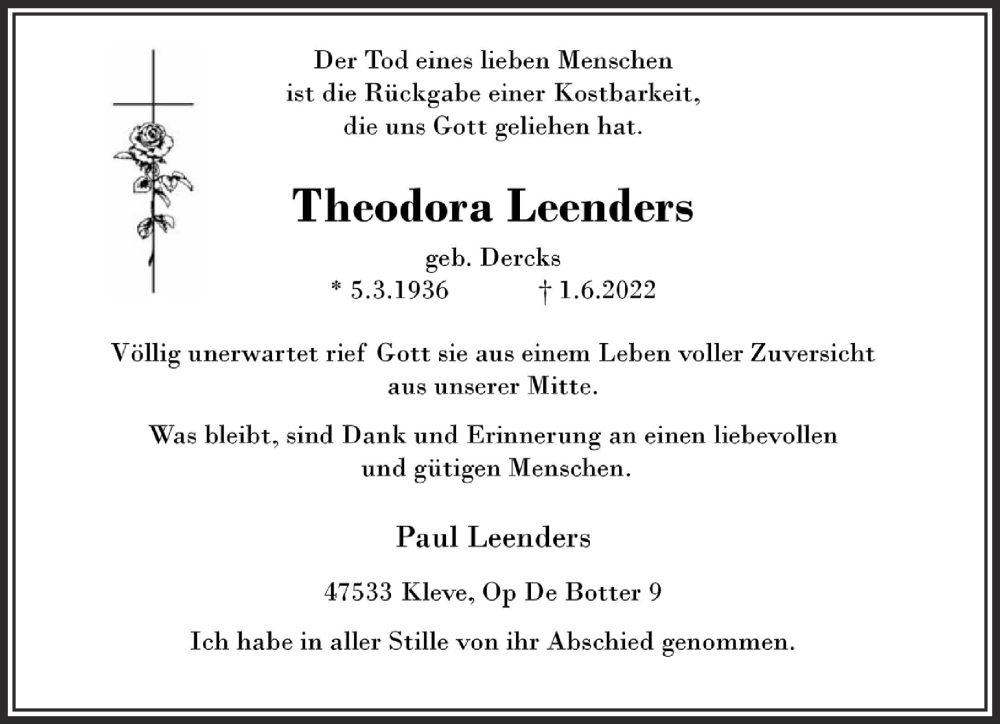  Traueranzeige für Theodora Leenders vom 11.06.2022 aus 